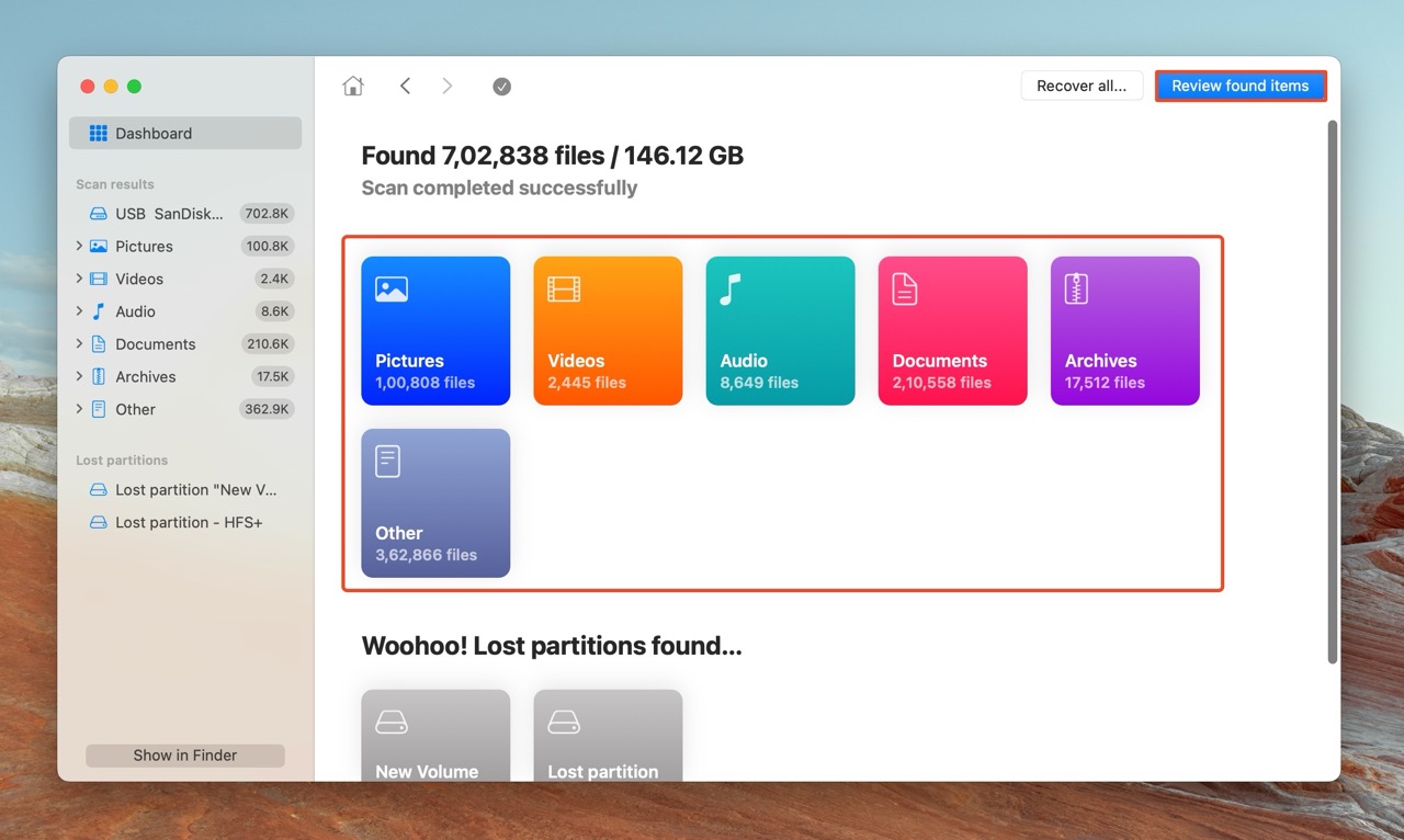 قائمة الملفات القابلة للاسترداد في Disk Drill على Mac.