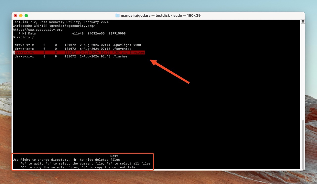 TestDisk sur Mac montrant une liste de répertoires avec une option mise en surbrillance pour récupérer des fichiers sélectionnés.
