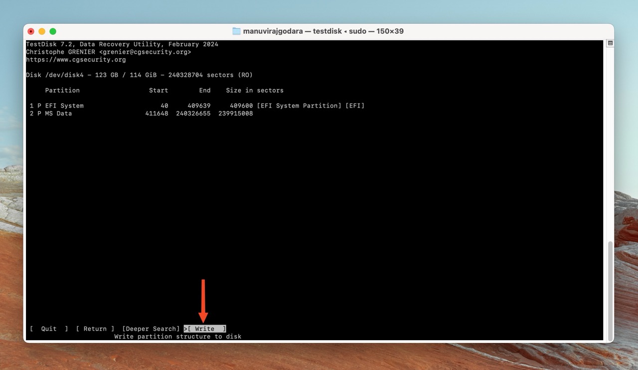 Mac üzerinde TestDisk diske bölüm yapısını yazma seçeneği ile.