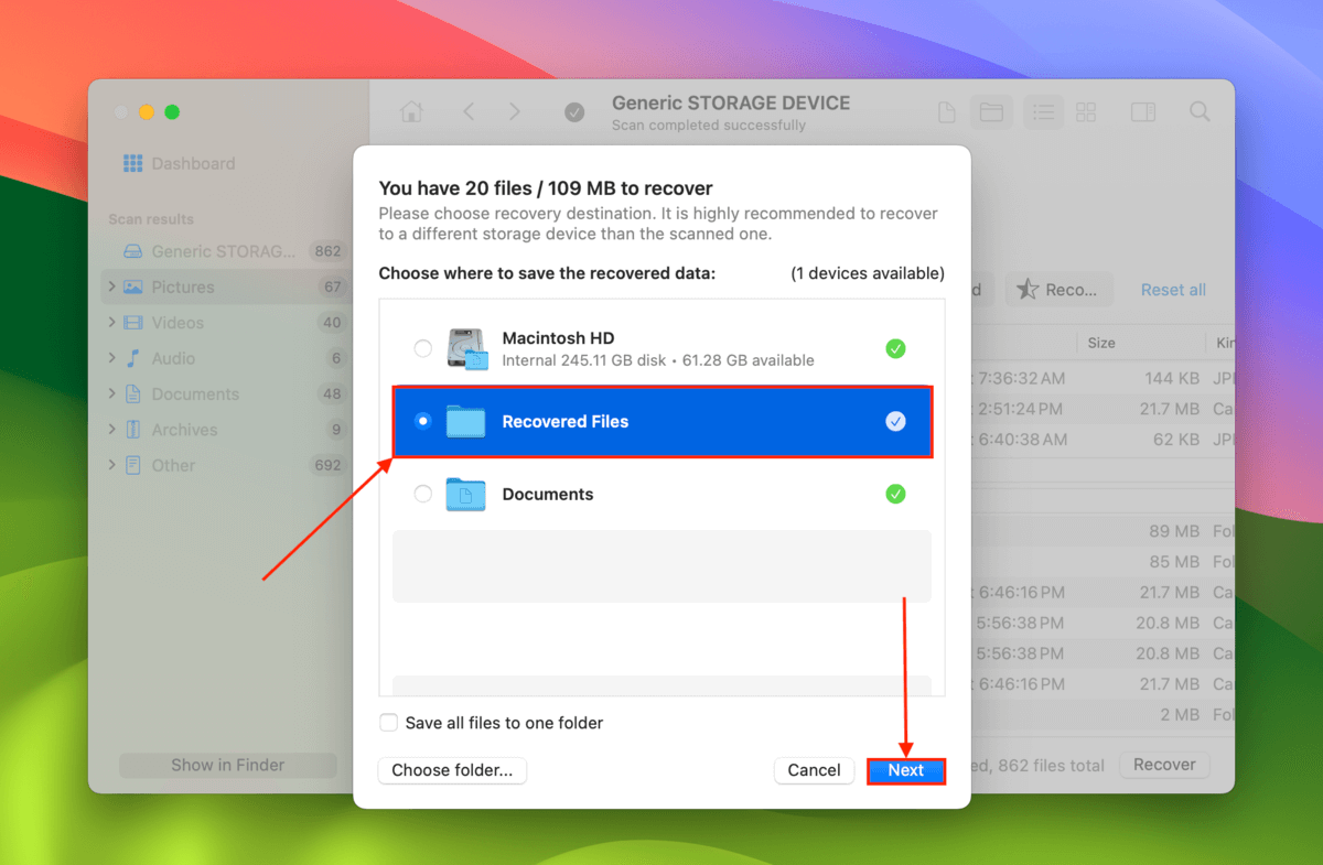 Disk Drill destination selection menu